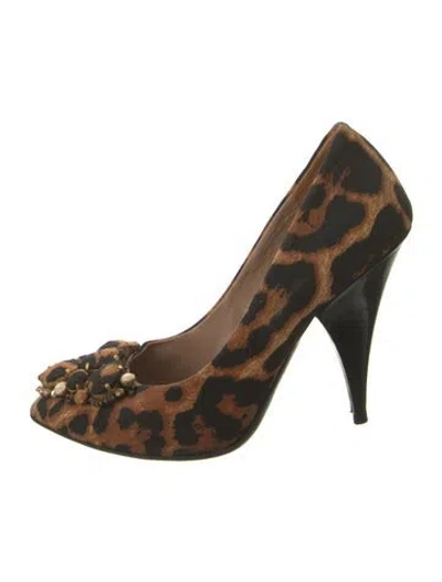 Pre-owned Saint Laurent Animal Print Crystal Embellishments Pumps In Brown