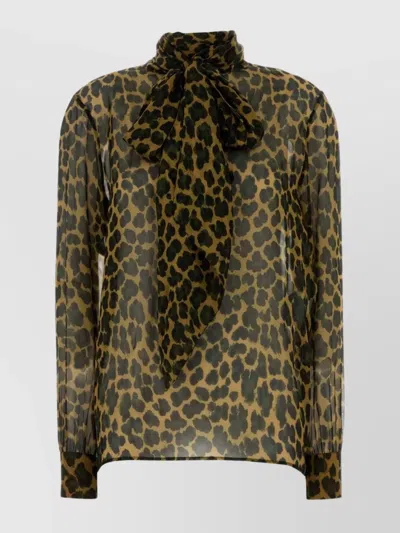 SAINT LAURENT ANIMAL PRINT SILK BLOUSE WITH BOW DETAIL