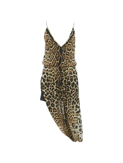 Pre-owned Saint Laurent Animal-print Silk Mini Dress In Neutral