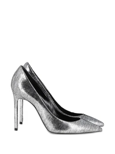 Pre-owned Saint Laurent Anja Textured Pointed Pumps In Silver