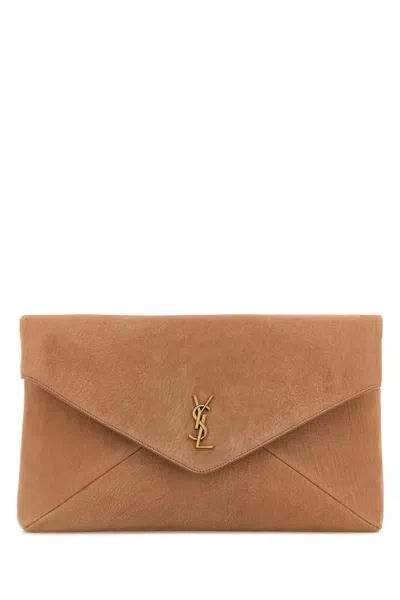 Saint Laurent Antiqued Golden Metal Mini Suede Envelope Clutch 35 Cm X 25 Cm X 7 Cm In Pink