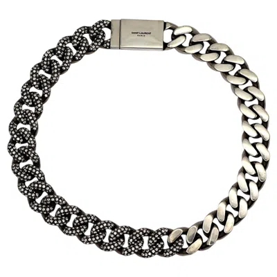 Pre-owned Saint Laurent Antiqued Silver-tone Crystal Curb Chain Necklace In Multi