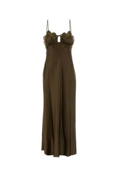 Saint Laurent Army Green Satin Dress In Brown