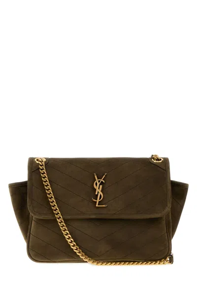 Saint Laurent Army Green Suede Niki Tripouch Shoulder Bag In Brown