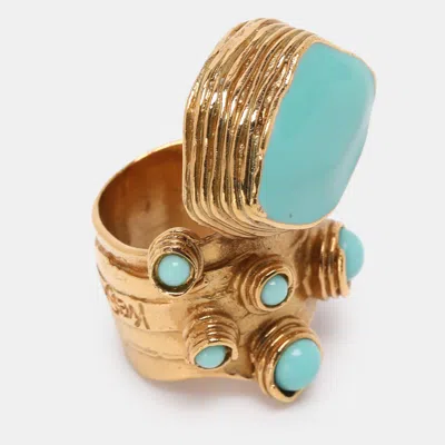 Pre-owned Saint Laurent Arty Dots Green Cabochon Gold Tone Ring Size 49