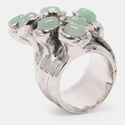 Pre-owned Saint Laurent Arty Dots Green Cabochon Silver Tone Ring Size 49