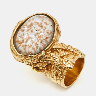 Pre-owned Saint Laurent Arty Glass Gold Tone Ring Size 53