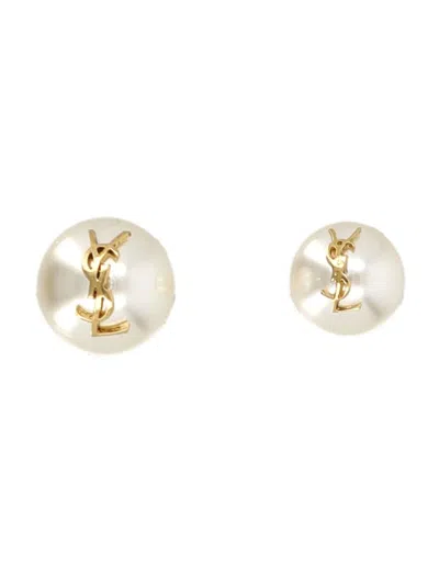 Saint Laurent Asymmetric Pearl-accented Earrings With Iconic Cassandre Logo In Gold