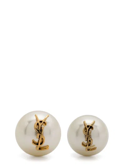 Saint Laurent Asymmetric Mini Gold-tone Earrings With Pearls
