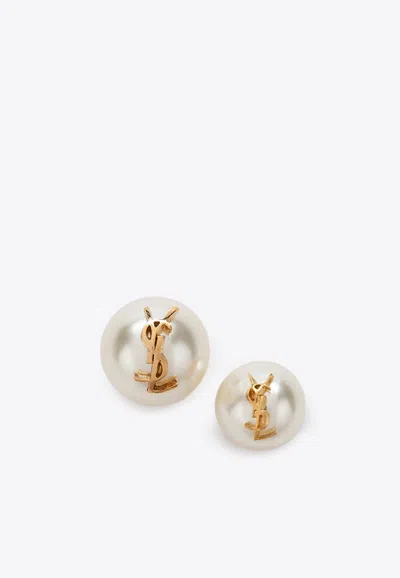 Saint Laurent Asymmetrical Cassandre Pearl Earrings