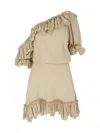 Saint Laurent Beige One-shoulder Dress With Asymmetric Neckline And Poet Sleeves In Silk Woman In Beige
