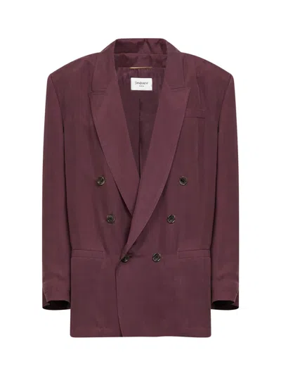 Saint Laurent Aubergine Silk Habutai Double-breasted Blazer In Burgundy