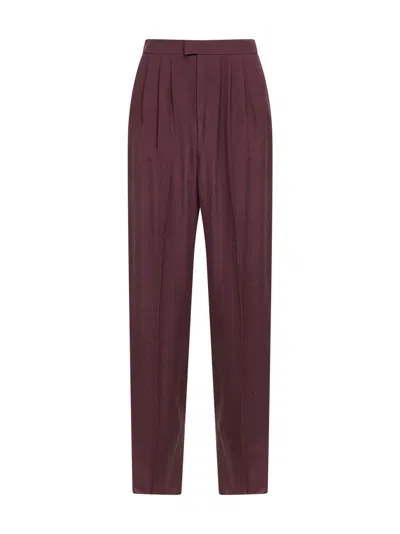 Saint Laurent Aubergine Silk Habutai Tailored Trousers In Burgundy
