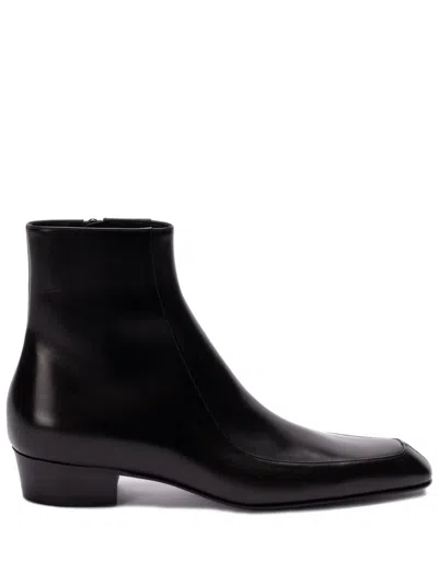 Saint Laurent High Top Square Toe Block Heel Ankle Boots In Black  