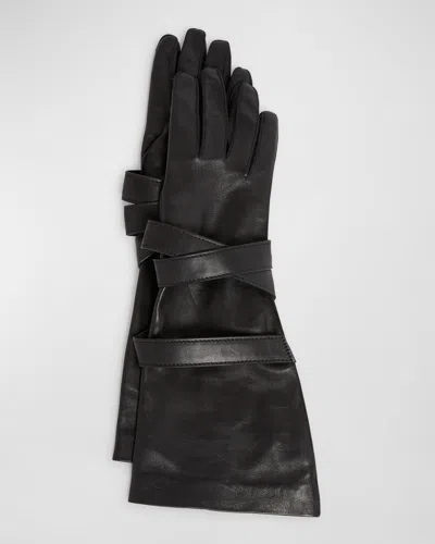 Saint Laurent Aviator Strappy Leather Gloves In Black