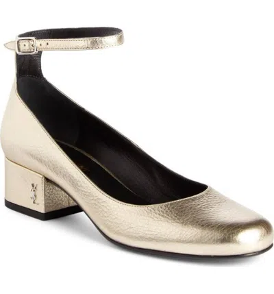 Pre-owned Saint Laurent Babies Ankle Strap Pump Shoe Logo Low Heel Metallic Gold 38.5 - 8