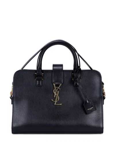 Pre-owned Saint Laurent Baby Cabas Leather Tote Bag In Black
