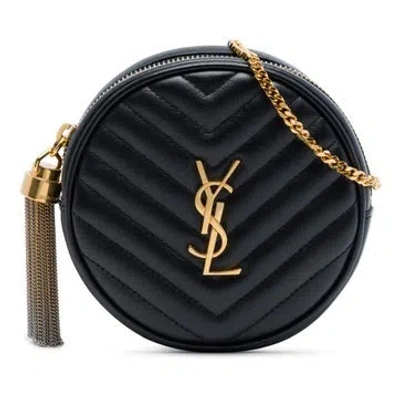 Pre-owned Saint Laurent Baby Chevron Calfskin Round Vinyl Belt Bag In Black
