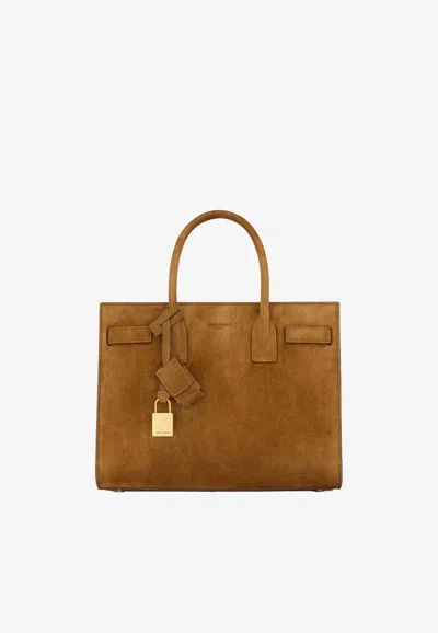 Saint Laurent Baby Sac De Jour Suede Tote Bag In Brown