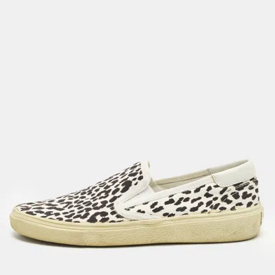 Pre-owned Saint Laurent Babycat Size 39 White/brown Canvas Leather Slip On Sneakers