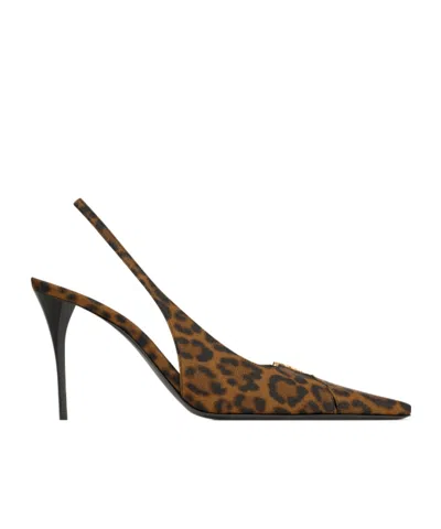 Saint Laurent Babylone Breteuil Slingback Pumps In Leopard Grosgrain In Brown