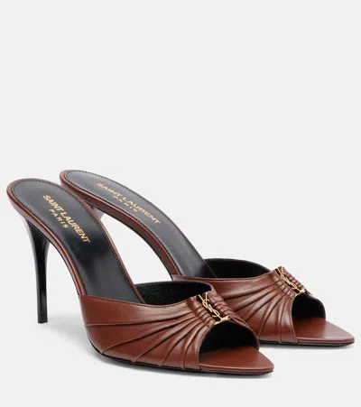 Saint Laurent Babylone Embellished Pleated Leather Mules In Brown