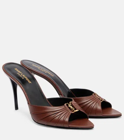 Saint Laurent Babylone Cassandre 90 Leather Mules In Brown
