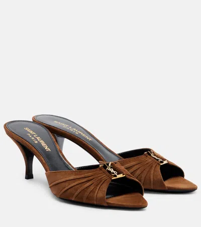 Saint Laurent Babylone Cassandre Suede Mules In Brown