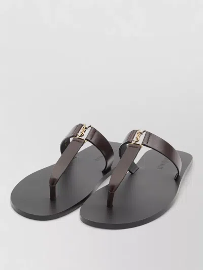 Saint Laurent Babylone Leather Flat Thong Sandals In Brown