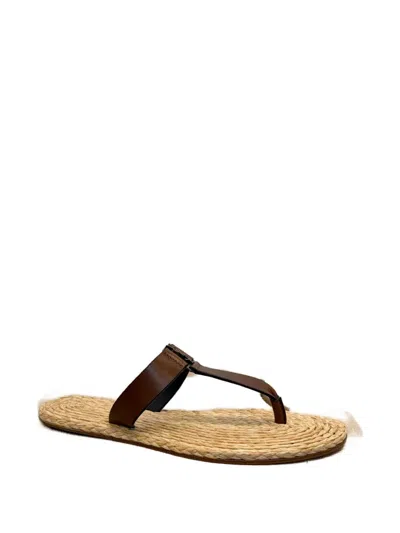 Saint Laurent Babylone Leather Thong Sandals Flat Sole In Brown