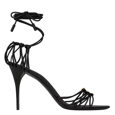 Saint Laurent 90mm Babylone Cassandre-plaque Leather Sandals In Black