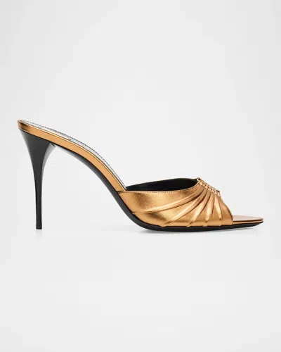 Saint Laurent Babylone Ruched Leather Mule Sandals In Gold