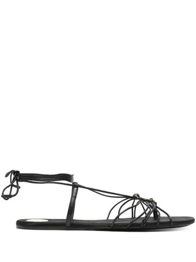 Saint Laurent Black Sandals With Cassandre Logo And Laces Around The Ankle In Leather Woman
