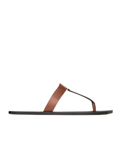 Saint Laurent Cassandra Embellished Leather Thong Sandals In Brown