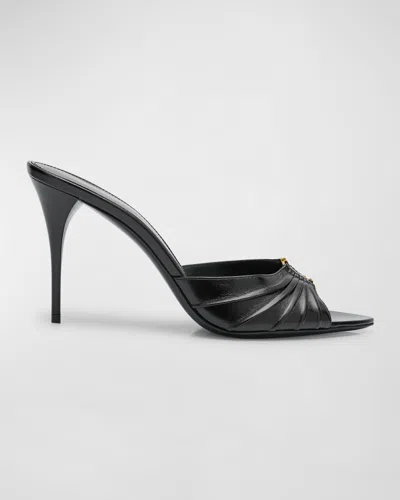 SAINT LAURENT BABYLONE YSL RUCHED LEATHER MULE SANDALS