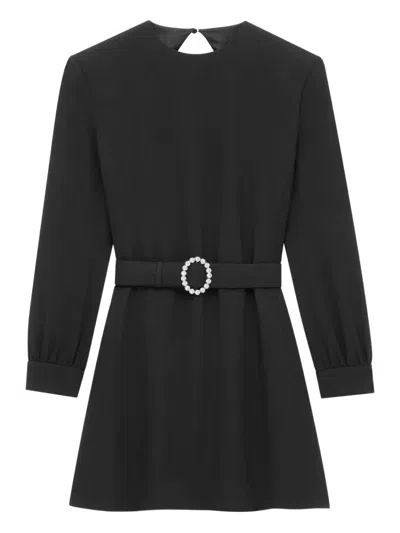 Saint Laurent Wool-cotton Belted A-line Mini Dress In Black