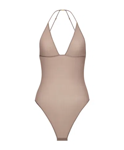 Saint Laurent Backless Bodysuit In Stretch Silk Muslin In Neutral