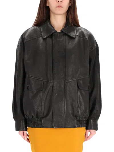 Saint Laurent Balloon Fit Lamb Leather Bomber Jacket, Fw25 In Black