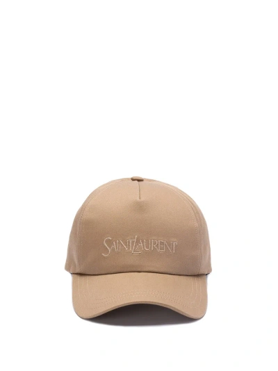 Saint Laurent Logo-embroidered Gabardine Baseball Cap In Beige