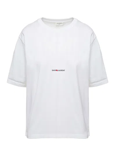 Saint Laurent Basic White T-shirt With Miiddle Logo Print In Cotton Woman