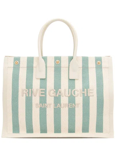 Saint Laurent Beige & Blue Canvas Striped Rive Gauche Large Tote (authentic  )