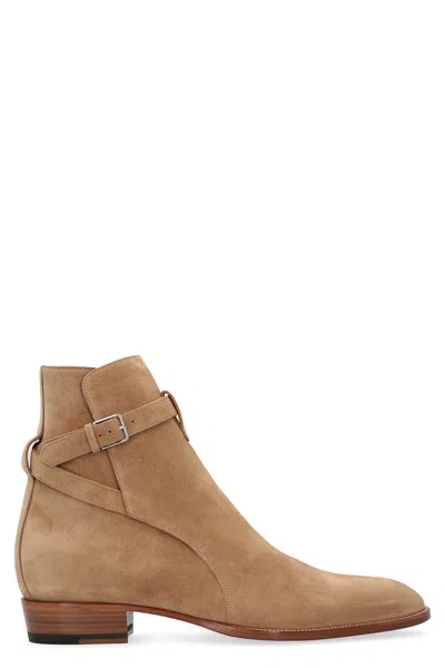 Saint Laurent Beige Ankle Boots With Buckle Strap For Men In Tan