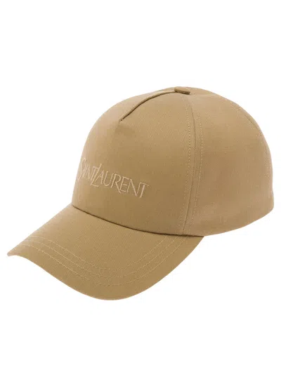 Saint Laurent Beige Baseball Cap With Logo Lettering Embroidery In Cotton And Linen Man In Cream