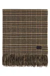 Saint Laurent Checkered Silk Blend Scarf With Fringe Trim In Brown