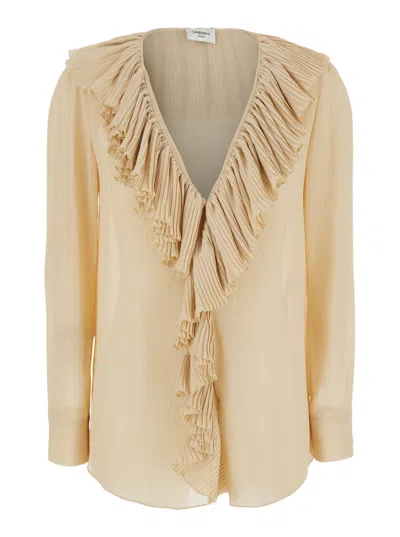 Saint Laurent Beige Blouse With V Neck And Ruffles On Front And Rear In Silk Woman In Vintage Beige