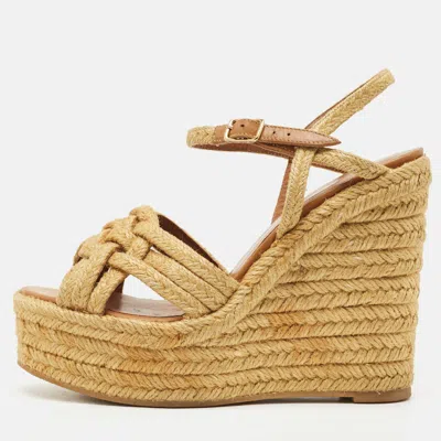 Pre-owned Saint Laurent Beige Braided Jute Platform Wedge Ankle Strap Sandals Size 36