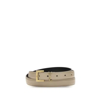 Saint Laurent Beige Calf Leather Bos Taurus Thin Belt In Brown