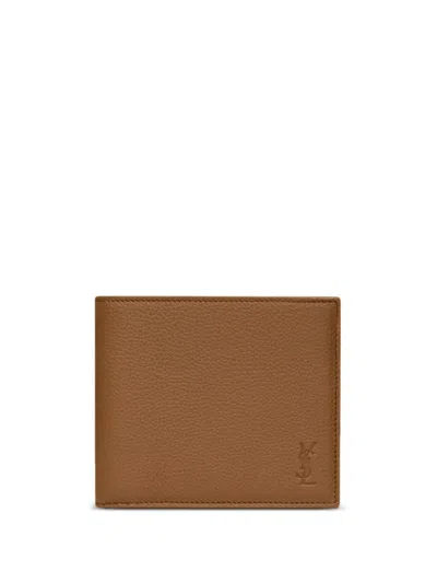 Saint Laurent Beige Calf Leather Wallet And Card Holder In Brown