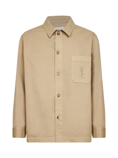 Saint Laurent Beige Certified Cotton Cassandre Overshirt In Brown