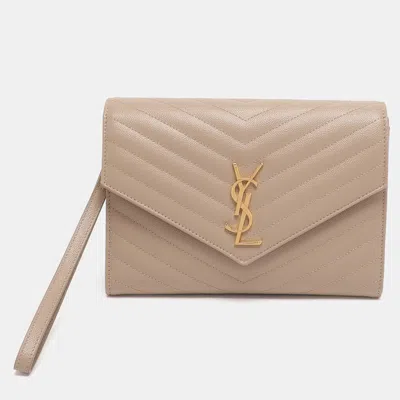 Pre-owned Saint Laurent Beige Chevron Leather Monogram Envelope Wristlet Clutch In Sand